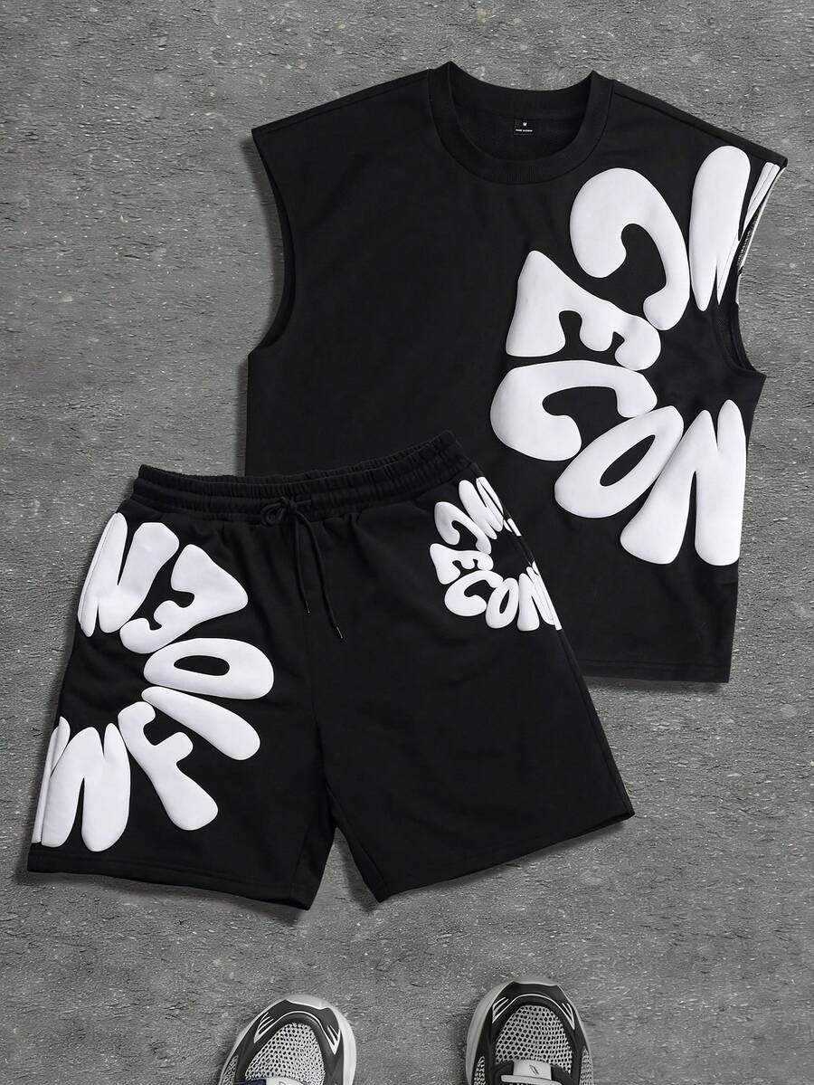 SLATEMANN 男士休闲字母印花圆领背心短裤套装，夏季 - 黑色 - 查看 1