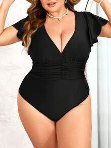 SHEIN CURVE+ Traje de baño de una pieza con diseño fruncido de color negro sólido para mujer de talla grande, adecuado para la playa y vacaciones - Negro - Ver 4