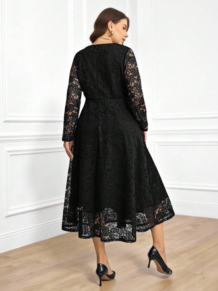 Plus Size Solid Color Minimalist Hollow Out Long Sleeve Dress, Everyday Wear Plus Size Lace Dress Black Elegant Dress Curve Black Lace Dress Plus Size Black Lace Dress Plus Size Elegant Dress