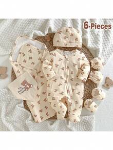 Loomiva 6pcs Newborn Baby Cute Brown Bear All-Over Print Footie Pajama Set - Multicolor - View 7