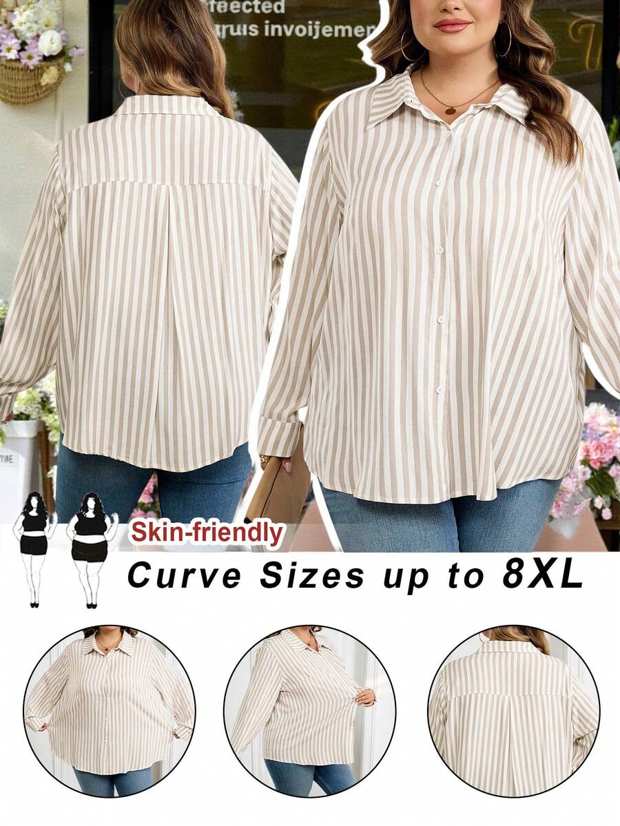 SHEIN CURVE+ Camisa abierta a rayas de color caqui claro talla grande, camisa elegante para mujer de oficina - Multicolor - Ver 1