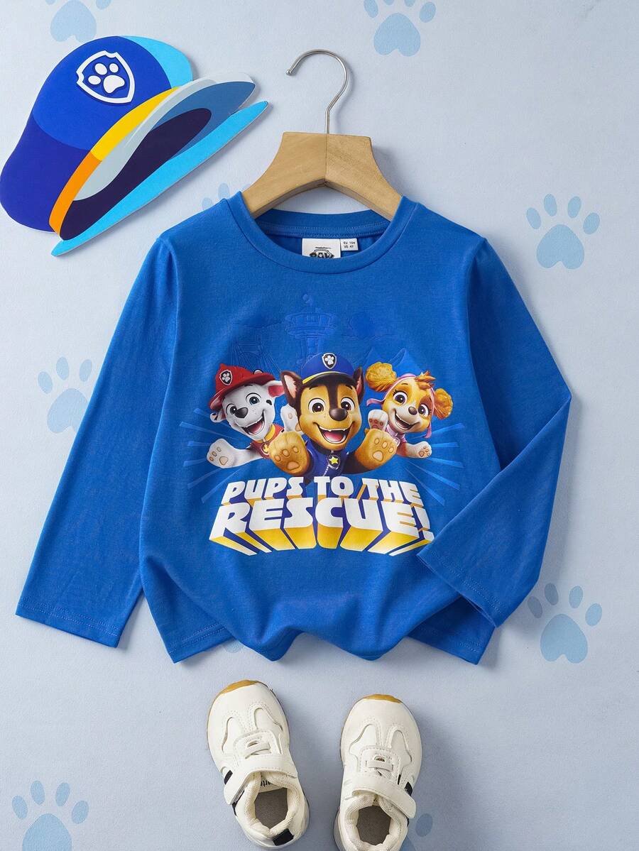 SHEIN | PAW Patrol 1pc Cute Casual Cartoon Dog & Letter Print Crew Neck Long Sleeve T-Shirt For Young Boys - Blue - View 1