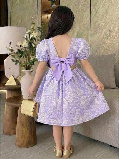 SHEIN Young Girl's Jacquard Weave Purple Fitted Cute Princess Puff Sleeve Backless Bow Collar Textured Dress, Elegant Vacation Wear, Spring/Summer