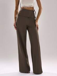 SHEIN BAE 女士棕色纯色斜纹不对称系带低腰简约长裤，适合通勤、休闲、时尚外出、复古风、办公穿着、深棕色长裤、法国南部度假、夏季穿着以及多种场合。 - 棕色 - 查看 3