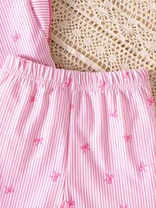 SHEIN Playful Pals 2件套女婴幼儿0-3岁春夏休闲日常度假针织黑白条纹荷叶袖圆领T恤和短裤套装 - 粉色 - 查看 7