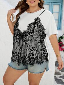 SHEIN CURVE+ Áo thun nữ cỡ US22, chất liệu ren phối ren cổ tròn, tay ngắn, kiểu dáng thanh lịch, phù hợp cho lễ hội âm nhạc, kỳ nghỉ bên bờ biển, phong cách Bohemian. Áo kiểu CURVE PLUS dành cho nữ, kiểu dáng thường ngày, thanh lịch, phối ren, 2 trong 1, áo blouse. - Đen và trắng - Xem 4