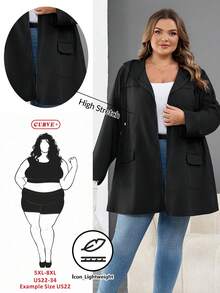 SHEIN CURVE+ Jaqueta com Capuz Preta Casual e Sólida com Zíper para Mulheres Plus Size, Jaqueta Leve Preta com Capuz e Cordão na Cintura, Roupa de Inverno Feminina, Retrô, Agasalho para Inverno, Jaqueta, Corta-Vento, Jaqueta de Inverno Feminina, Novo Lançamento 2025 - Preto - Visão 1