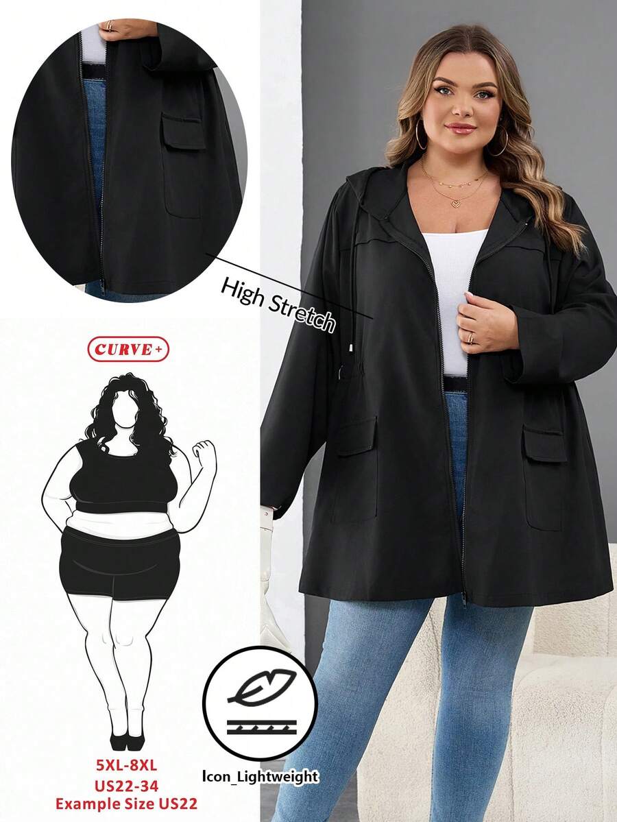 SHEIN CURVE+ Jaqueta com Capuz Preta Casual e Sólida com Zíper para Mulheres Plus Size, Jaqueta Leve Preta com Capuz e Cordão na Cintura, Roupa de Inverno Feminina, Retrô, Agasalho para Inverno, Jaqueta, Corta-Vento, Jaqueta de Inverno Feminina, Novo Lançamento 2025 - Preto - Visão 1