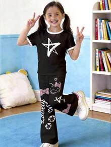 2pcs Tween Girls' Casual Short Sleeve Top And Pants Set, Suitable For Summer Spring/Summer Casual Wear Perfect For Outings, Street Style, And Hip-Hop Vibes, Effortlessly Comfortable Fashion Girls' Leisurewear, New Arrivals, Back-To-School Season, Unique Perspective, Modern Fashion - Multicolor - View 1