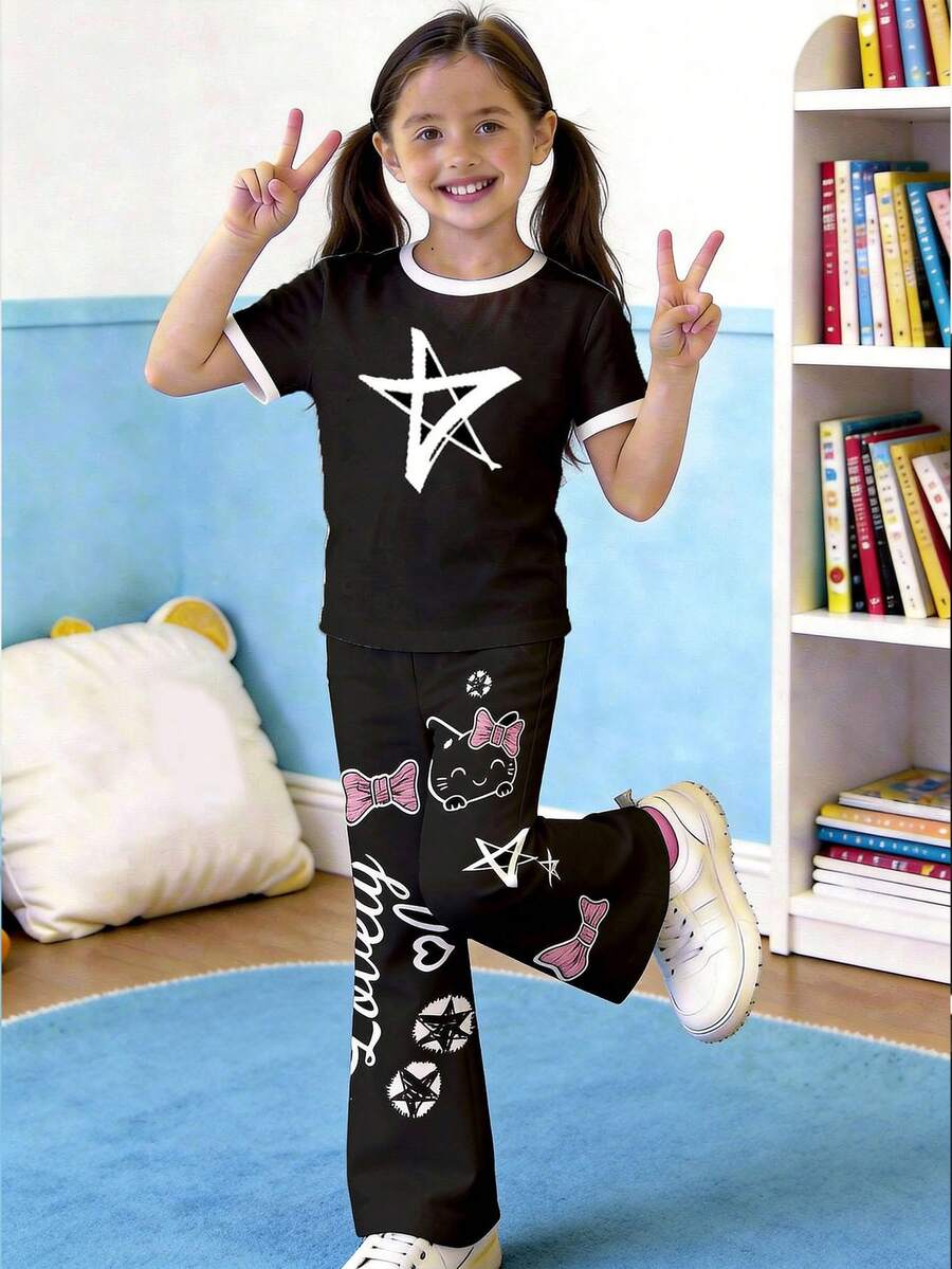 2pcs Tween Girls' Casual Short Sleeve Top And Pants Set, Suitable For Summer Spring/Summer Casual Wear Perfect For Outings, Street Style, And Hip-Hop Vibes, Effortlessly Comfortable Fashion Girls' Leisurewear, New Arrivals, Back-To-School Season, Unique Perspective, Modern Fashion - Multicolor - View 1