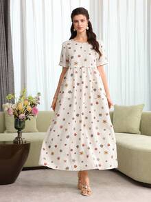 Yasmyna 女士春夏杏色提花数码印花口袋短袖A字腰身优雅浪漫阿拉伯风格连衣裙 - 杏色 - 查看 3