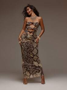 MUSERA 蛇纹网纱镂空修身无肩带抹胸长裙，春夏度假海滩伊比沙岛音乐节派对优雅女神 - 彩色 - 查看 5