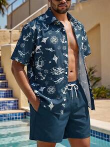 Manfinity Swimmode Bộ áo sơ mi ngắn tay và quần short chủ đề đại dương dành cho nam giới - Nhiều màu - Xem 2
