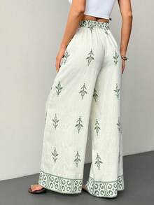 SHEIN PETITE Women's Print Wide Leg Pants, Summer - White - View 2