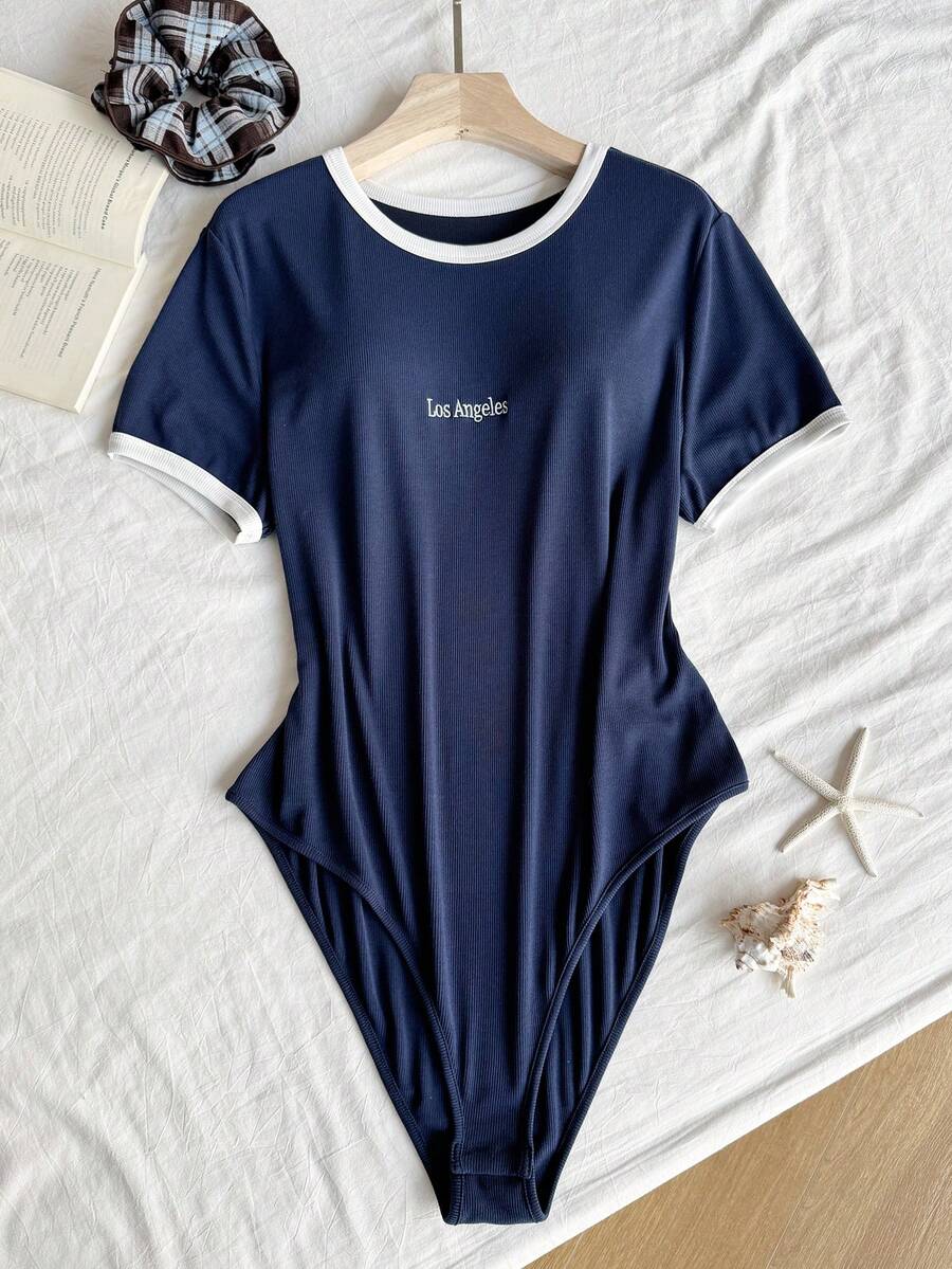 Comfortcana Plus Size Women Knitted Contrast Trim Short Sleeve Bodysuit - Blue - View 1