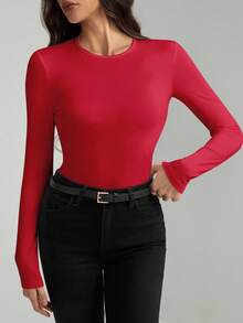 SHEIN Tall Áo liền thân nữ mùa xuân dáng ôm vừa vặn màu trơn - Đỏ - Xem 7