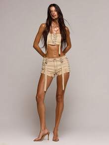 MUSERA Buckle Detail Washed Denim Micro Shorts Spring Summer Sexy Date Night Club Festival Holiday Night Out Vacation Soul Ties - Khaki - View 2