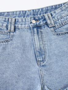 SHEIN Essnce Quần short denim trơn màu, gấu quần rách, túi xéo, kiểu dáng thường ngày. - Rửa nhẹ - Xem 6