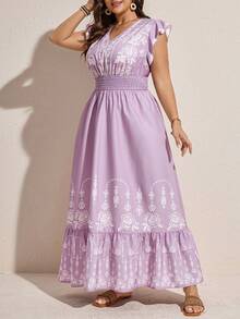 Comfylo 大码极简印花飘逸连衣裙 - 淡紫色 - 查看 3