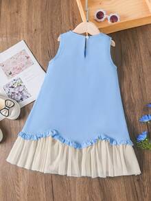 SHEIN Elladie kids Young Girl 3D Pearl Flower Mesh Asymmetrical Hem Elegant Dress, Spring/Summer - Blue - View 2
