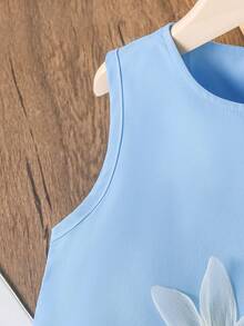 SHEIN Elladie kids Young Girl 3D Pearl Flower Mesh Asymmetrical Hem Elegant Dress, Spring/Summer - Blue - View 5