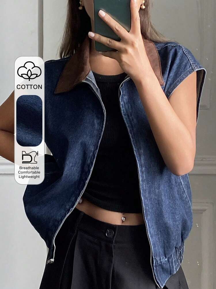Women's Contrast Color Collar Patchwork Sleeveless Waist Drawstring Casual Denim Jacket And Coat