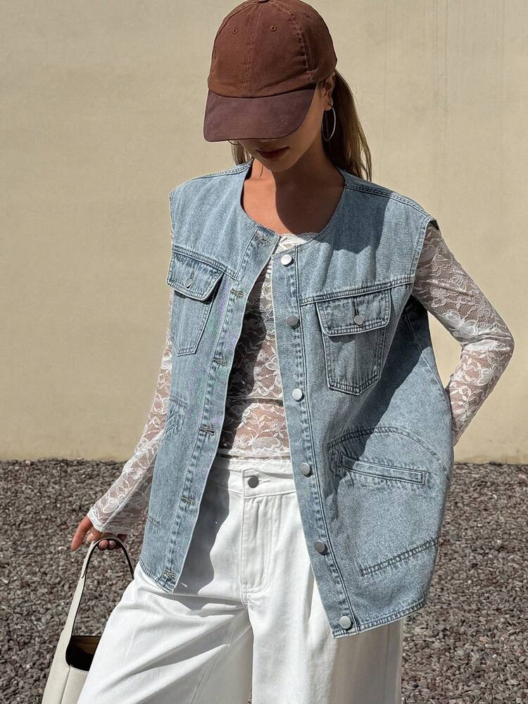 Women's Round Neck Sleeveless Open Front Pocket Decor Urban Casual Denim Blouse Vacation Outfits Women