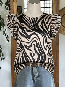 EMERY ROSE New Fashionable Casual Round Neck Double-Layer Ruffle Sleeve Shiny Fabric Zebra Print T-Shirt - Multicolor - View 3