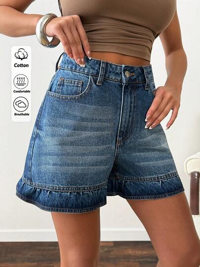 SHEIN Women's Casual Everyday Washed Denim Shorts With Slant Pockets And Ruffle Hem, Summer