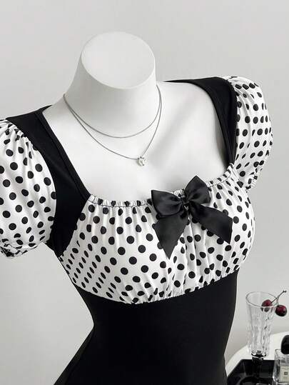 Elamini Women's Casual Minimalist Black & White Polka Dot Bowknot Fitted Short Sleeve T-Shirt, Summer