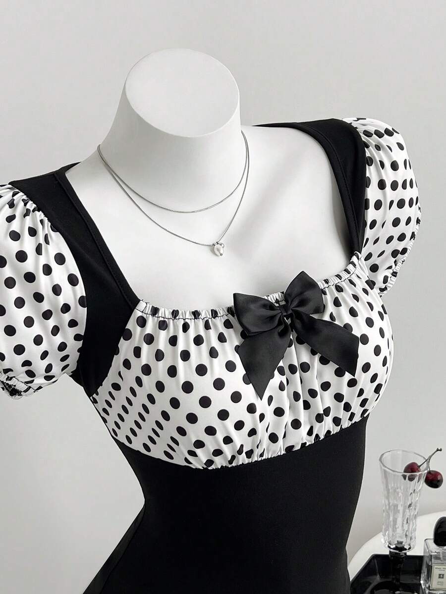 Elamini Women's Casual Minimalist Black & White Polka Dot Bowknot Fitted Short Sleeve T-Shirt, Summer - Black and White - View 1