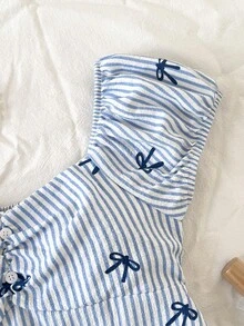 SHEIN 少女休闲简约舒适格子蝴蝶结后背系带衬衫 - 藍色 - 查看 4