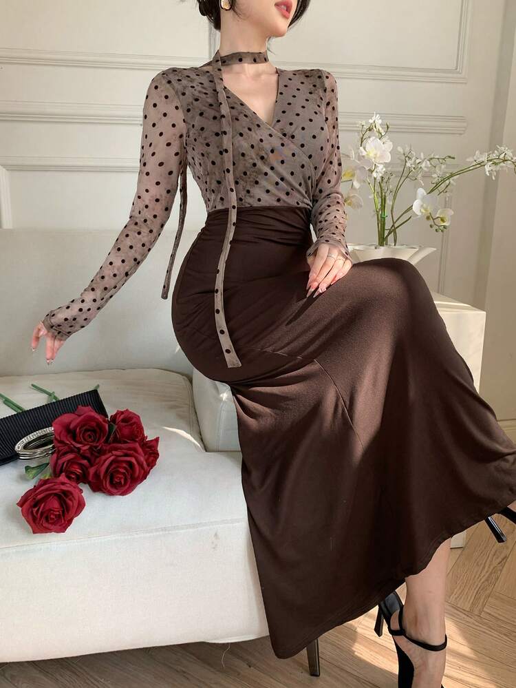 Spring & Summer Brown Polka Dot Printed 2 In 1 Splice Music Festival, Valentine's Day, Wedding Party, Banquet, Ball Gown, Fashion Party, Elegant Commute Waist-Cinched Mermaid Dress With Long Sleeves For Women Sundress