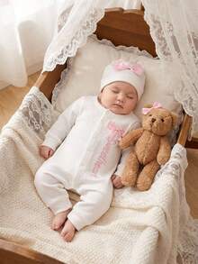 SHEIN 2Pcs Set Newborn Coming Home Outfits Baby Girl Photography Romper Embroidery Jumpsuit With Ribbon Bowknot Hat - White - View 1