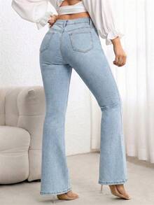 SHEIN PETITE Women's Casual Everyday Washed Flared Jeans With Slant Pockets - Light Wash - View 2