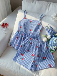 SHEIN 2pcs/Set Teens Girls' Fashion New Spring/Summer Casual Chiffon Bubble Crepe Cherry Digital Print Camisole Top And Digital Print Elastic Waist Shorts Vacation Outfit - Baby Blue - View 1