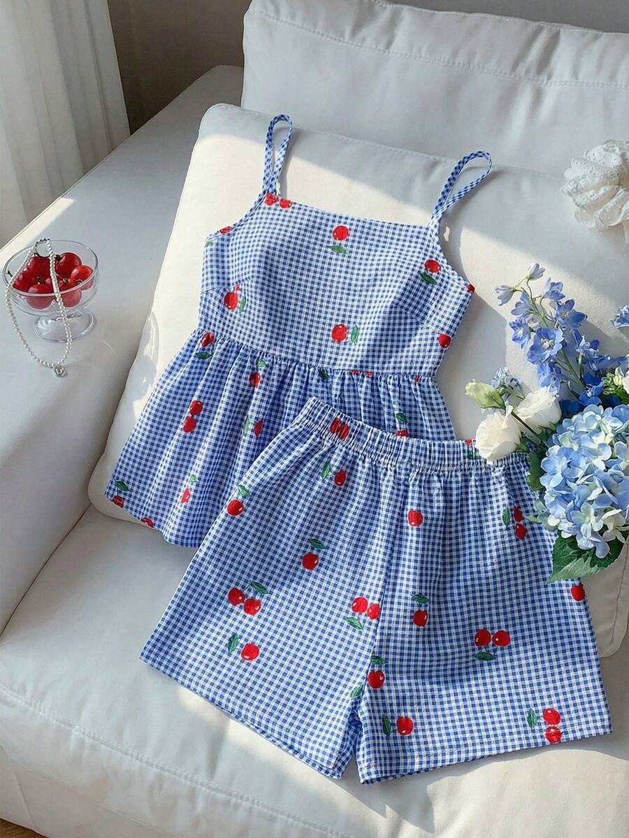 SHEIN 2pcs/Set Teens Girls' Fashion New Spring/Summer Casual Chiffon Bubble Crepe Cherry Digital Print Camisole Top And Digital Print Elastic Waist Shorts Vacation Outfit - Baby Blue - View 1