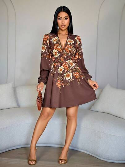 SOLERSUN Şık ve Zarif Uzun Kollu Kahverengi Kısa Elbise, İşe Gidip Gelmek İçin, Romantik Plaj Tatilleri İçin, İlkbahar/Yaz, Tarz Elbise