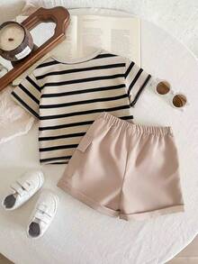 LMoss Kids 2pcs Baby Boy Knitted Striped Crew Neck T-Shirt And Woven Shorts Set - Multicolor - View 2