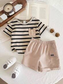 LMoss Kids 2pcs Baby Boy Knitted Striped Crew Neck T-Shirt And Woven Shorts Set - Multicolor - View 6