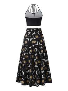 SHEIN PETITE Bộ đồ nữ Petite Series gồm áo croptop và chân váy dài in họa tiết, kiểu dáng thường ngày. - Nhiều màu - Xem 2