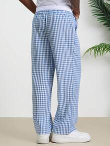 TOKVUE Men's Blue & White Plaid Loose Fit Casual Pants, Contrast Waistband, Suitable For College Students, Spring/Summer - Blue and White - View 2