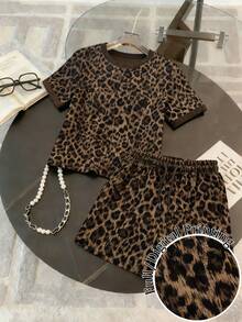 Resyla 女士豹纹圆领短袖两件套休闲夏季套装 - 彩色 - 查看 1