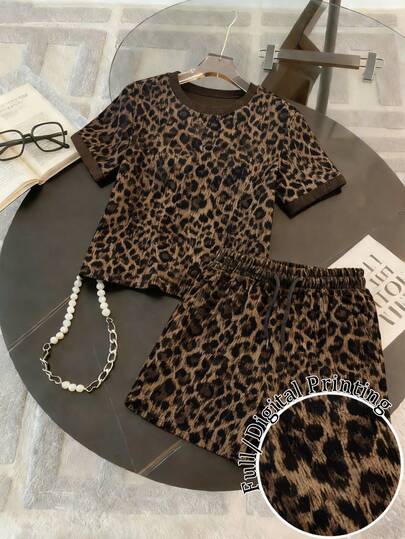 Resyla 女士豹纹圆领短袖两件套休闲夏季套装