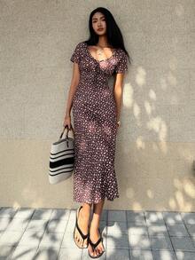 SHEIN Unity Women's Casual Ditsy Floral Round Neck Dress, Summer - Coffee Brown - View 4