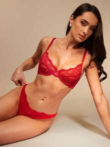 Silquee 花卉蕾絲鋼圈內衣套裝 - 紅色 - 查看 8