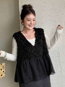 Dazy Plus Plus Size Women Casual Solid V-Neck Patchwork Faux Fur Collar Sleeveless Camisole Tank Top - Black - View 7