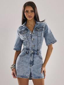 SHEIN BAE Women's Spring/Summer Washed Dark Denim Jumpsuit, Suitable For Night Out, Streetwear, Cute, Back To School, Sexy, Music Festival, Casual Occasions. Denim Romper, Denim Girl, Western Style - Medium Wash - View 5