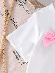 SHEIN Genkimix Kids 女童休闲日常短袖蝴蝶结装饰粉色T恤和白色百褶裙套装，夏季校园风 - 粉色 - 查看 8