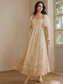 Anewsta Elegant V-Neck Puff Sleeve Embroidered Floral Vacation Dress For Women, Spring/Summer - Apricot - View 5